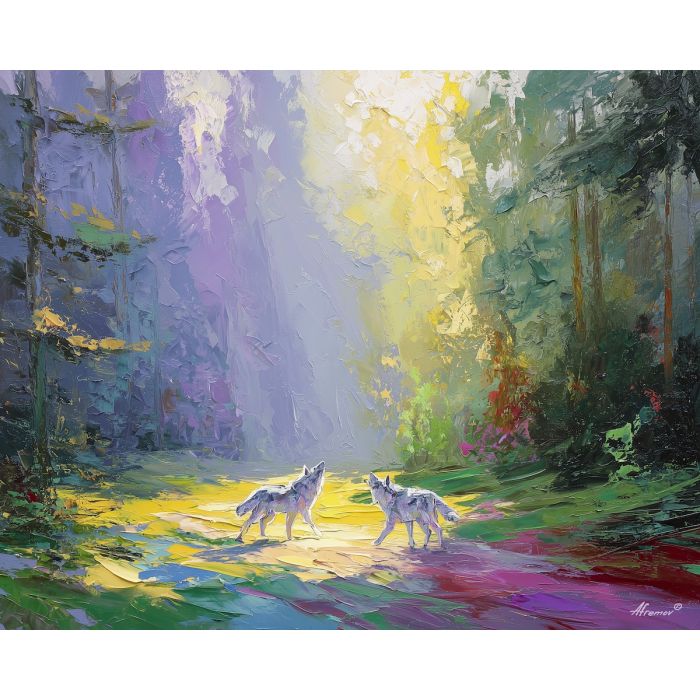 airy, motion, spring animals, wolves, wildlife art, nature scene, bright colors, palette knife, oil painting, impasto, textured surface, animal painting, springtime, modern wildlife art, painterly style, seasonal art, expressive painting