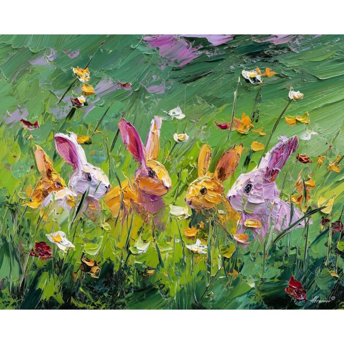 natural, rhythm, spring animals, rabbits, wildlife art, nature scene, bright colors, palette knife, oil painting, impasto, textured surface, animal painting, springtime, modern wildlife art, painterly style, seasonal art, expressive painting