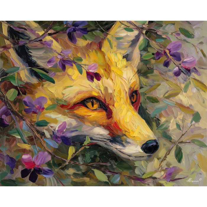 radiant, view, spring animals, foxes, wildlife art, nature scene, bright colors, palette knife, oil painting, impasto, textured surface, animal painting, springtime, modern wildlife art, painterly style, seasonal art, expressive painting