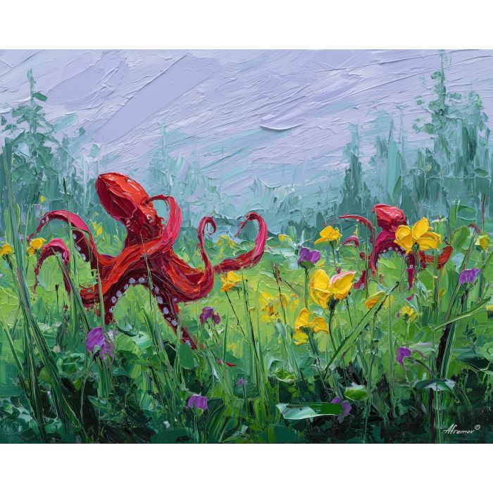 open, horizon, spring animals, octopi, wildlife art, nature scene, bright colors, palette knife, oil painting, impasto, textured surface, animal painting, springtime, modern wildlife art, painterly style, seasonal art, expressive painting