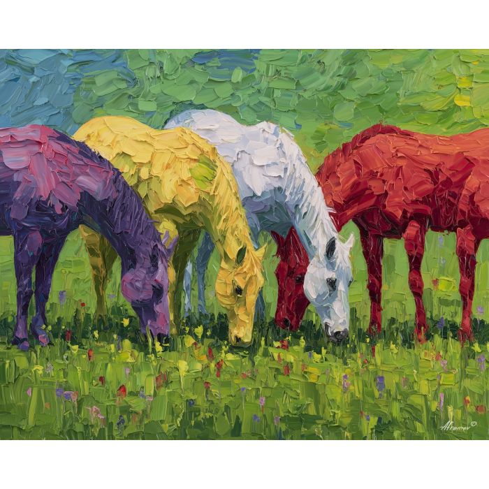 lively, growth, spring animals, horses, wildlife art, nature scene, bright colors, palette knife, oil painting, impasto, textured surface, animal painting, springtime, modern wildlife art, painterly style, seasonal art, expressive painting