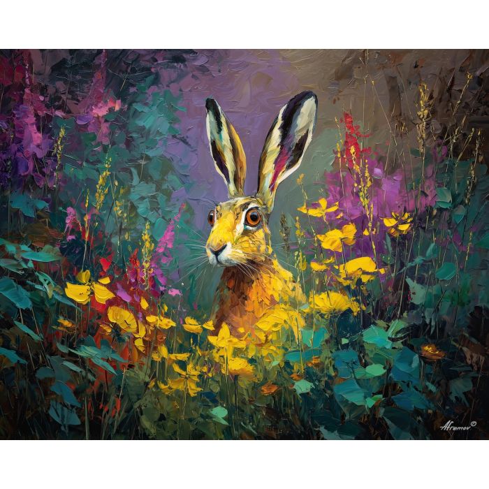soft, motion, spring animals, hares, wildlife art, nature scene, bright colors, palette knife, oil painting, impasto, textured surface, animal painting, springtime, modern wildlife art, painterly style, seasonal art, expressive painting