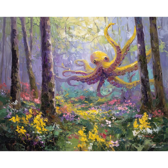 clear, breeze, spring animals, octopi, wildlife art, nature scene, bright colors, palette knife, oil painting, impasto, textured surface, animal painting, springtime, modern wildlife art, painterly style, seasonal art, expressive painting