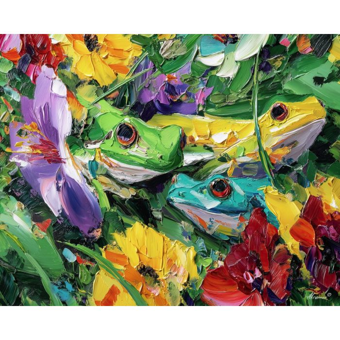 flowing, rhythm, spring animals, frogs, wildlife art, nature scene, bright colors, palette knife, oil painting, impasto, textured surface, animal painting, springtime, modern wildlife art, painterly style, seasonal art, expressive painting