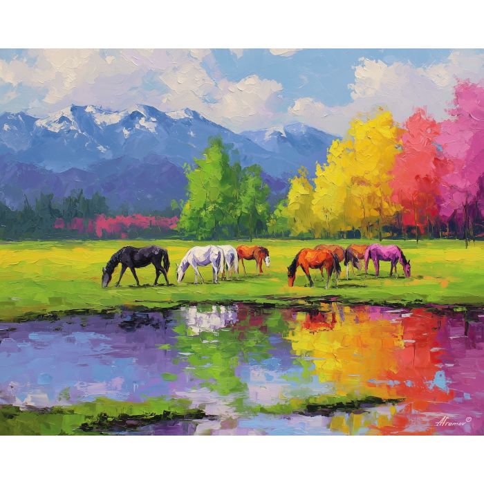 vivid, field, spring animals, horses, wildlife art, nature scene, bright colors, palette knife, oil painting, impasto, textured surface, animal painting, springtime, modern wildlife art, painterly style, seasonal art, expressive painting