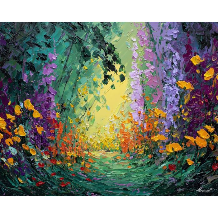 blooming, space, spring animals, fish, wildlife art, nature scene, bright colors, palette knife, oil painting, impasto, textured surface, animal painting, springtime, modern wildlife art, painterly style, seasonal art, expressive painting