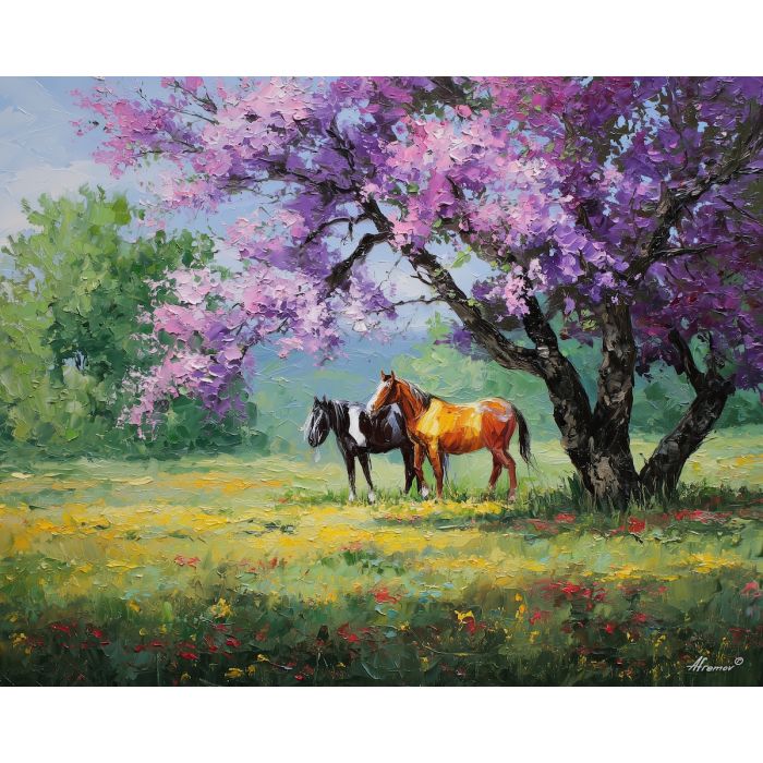 natural, horizon, spring animals, horses, wildlife art, nature scene, bright colors, palette knife, oil painting, impasto, textured surface, animal painting, springtime, modern wildlife art, painterly style, seasonal art, expressive painting