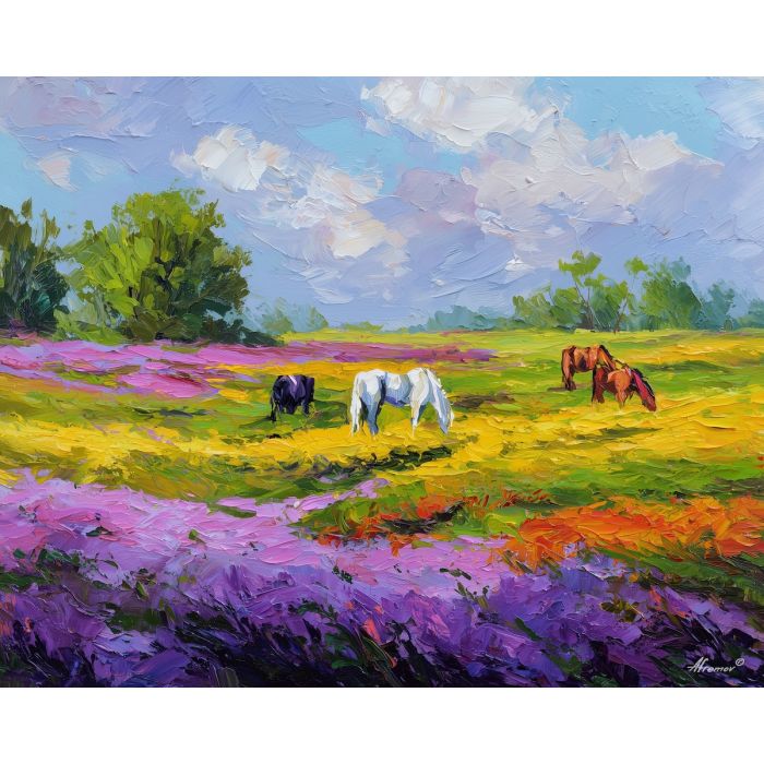 radiant, meadow, spring animals, horses, wildlife art, nature scene, bright colors, palette knife, oil painting, impasto, textured surface, animal painting, springtime, modern wildlife art, painterly style, seasonal art, expressive painting
