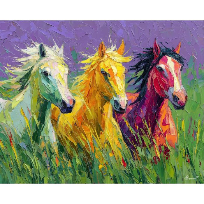 radiant, space, spring animals, horses, wildlife art, nature scene, bright colors, palette knife, oil painting, impasto, textured surface, animal painting, springtime, modern wildlife art, painterly style, seasonal art, expressive painting