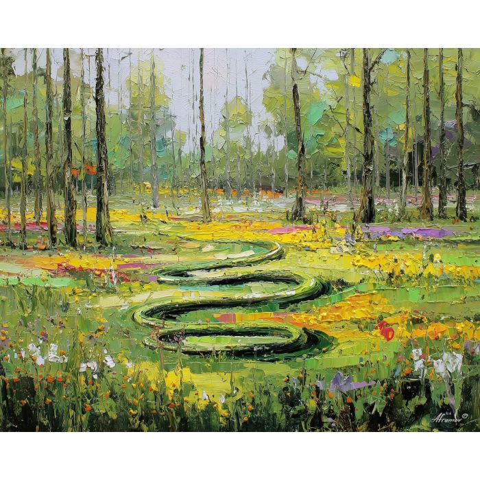 airy, rhythm, spring animals, snakes, wildlife art, nature scene, bright colors, palette knife, oil painting, impasto, textured surface, animal painting, springtime, modern wildlife art, painterly style, seasonal art, expressive painting