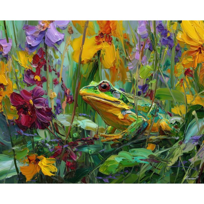 radiant, balance, spring animals, frogs, wildlife art, nature scene, bright colors, palette knife, oil painting, impasto, textured surface, animal painting, springtime, modern wildlife art, painterly style, seasonal art, expressive painting