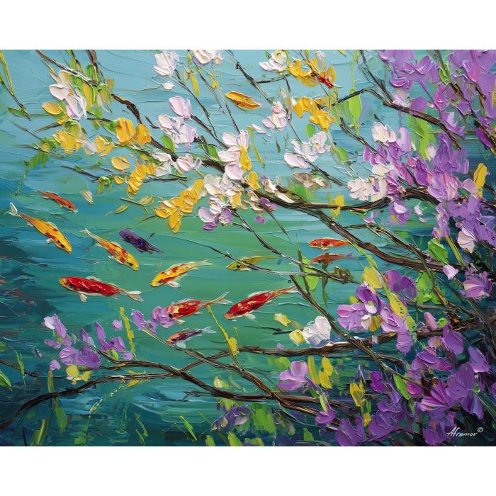 fresh, clearing, spring animals, fish, wildlife art, nature scene, bright colors, palette knife, oil painting, impasto, textured surface, animal painting, springtime, modern wildlife art, painterly style, seasonal art, expressive painting