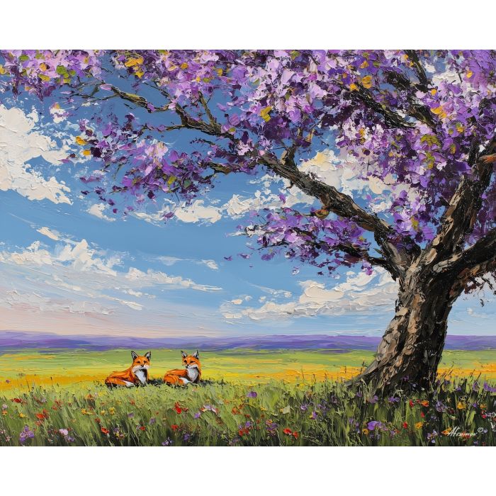 clear, horizon, spring animals, foxes, wildlife art, nature scene, bright colors, palette knife, oil painting, impasto, textured surface, animal painting, springtime, modern wildlife art, painterly style, seasonal art, expressive painting