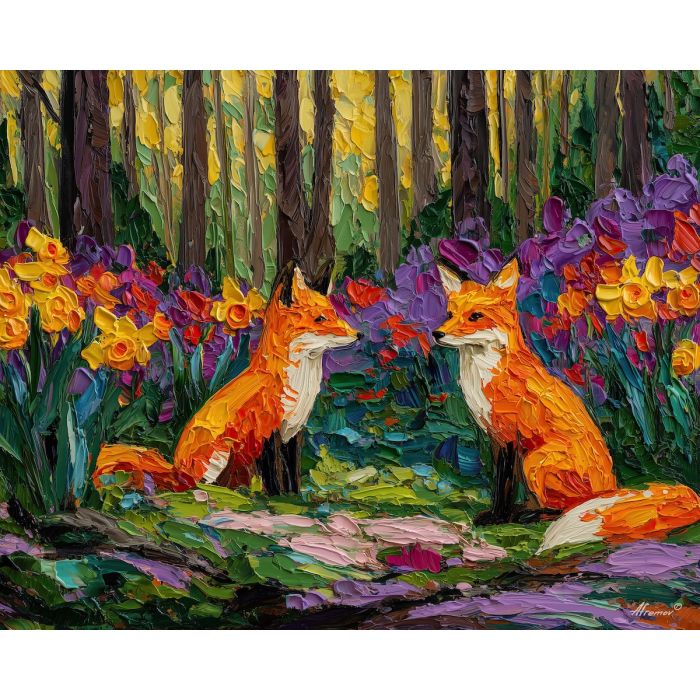 natural, moment, spring animals, foxes, wildlife art, nature scene, bright colors, palette knife, oil painting, impasto, textured surface, animal painting, springtime, modern wildlife art, painterly style, seasonal art, expressive painting