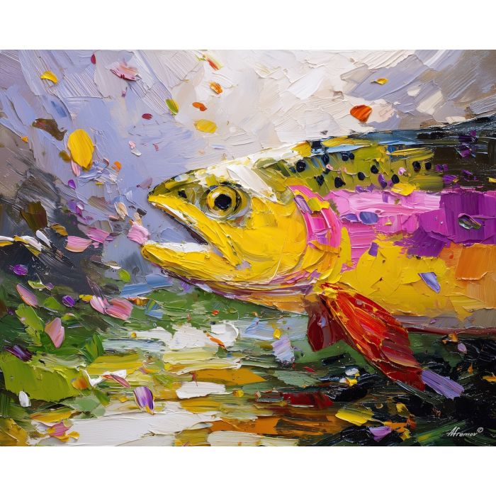 spring, motion, spring animals, fish, wildlife art, nature scene, bright colors, palette knife, oil painting, impasto, textured surface, animal painting, springtime, modern wildlife art, painterly style, seasonal art, expressive painting