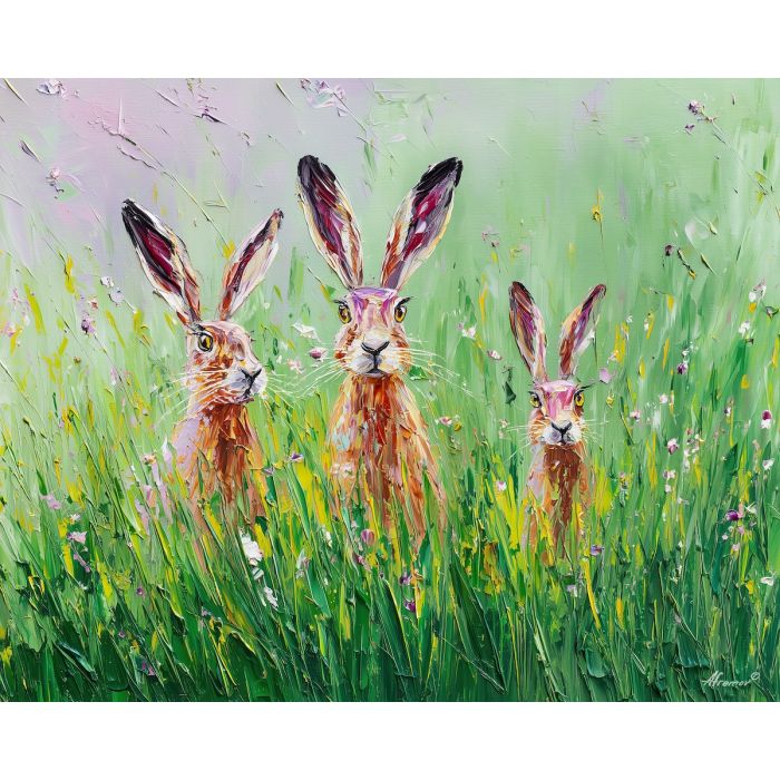 soft, meadow, spring animals, hares, wildlife art, nature scene, bright colors, palette knife, oil painting, impasto, textured surface, animal painting, springtime, modern wildlife art, painterly style, seasonal art, expressive painting