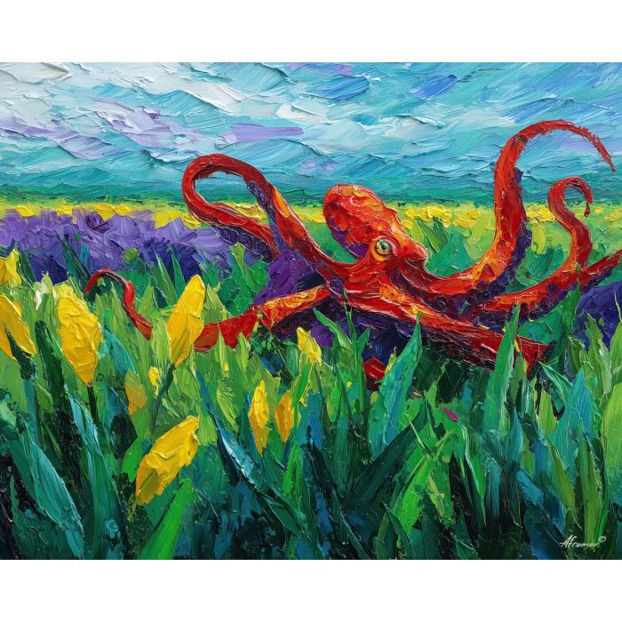vivid, view, spring animals, octopi, wildlife art, nature scene, bright colors, palette knife, oil painting, impasto, textured surface, animal painting, springtime, modern wildlife art, painterly style, seasonal art, expressive painting