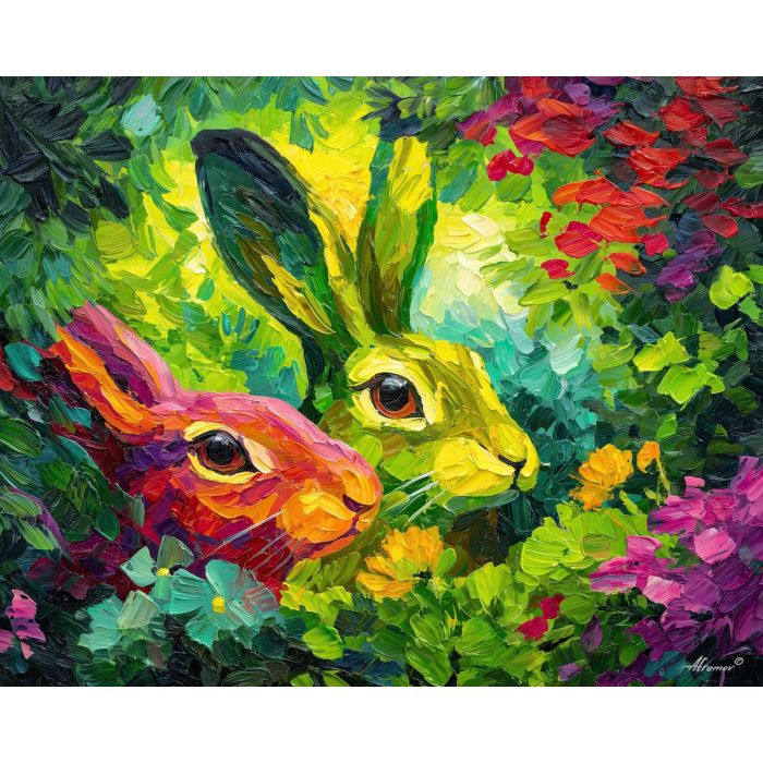 fresh, space, spring animals, hares, wildlife art, nature scene, bright colors, palette knife, oil painting, impasto, textured surface, animal painting, springtime, modern wildlife art, painterly style, seasonal art, expressive painting
