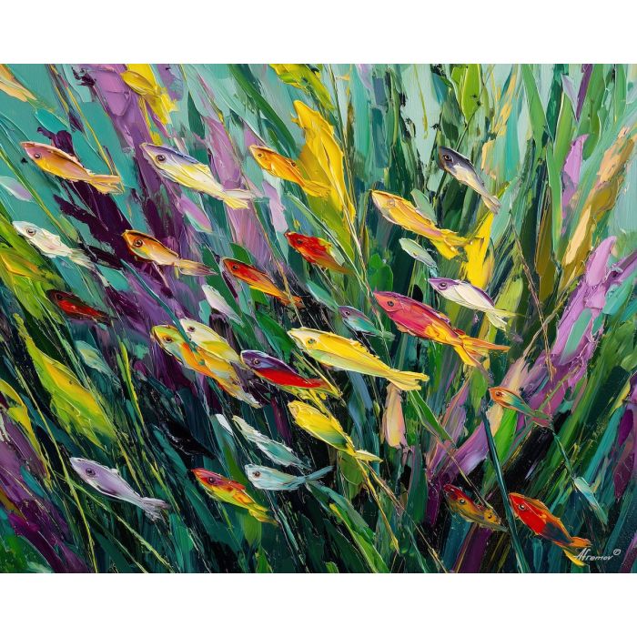 sunlit, life, spring animals, fish, wildlife art, nature scene, bright colors, palette knife, oil painting, impasto, textured surface, animal painting, springtime, modern wildlife art, painterly style, seasonal art, expressive painting