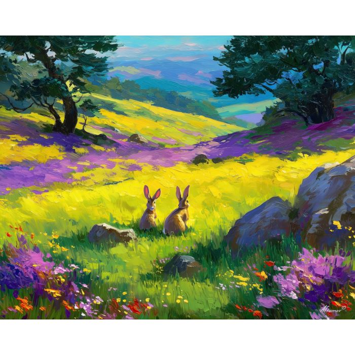 airy, horizon, spring animals, rabbits, wildlife art, nature scene, bright colors, palette knife, oil painting, impasto, textured surface, animal painting, springtime, modern wildlife art, painterly style, seasonal art, expressive painting