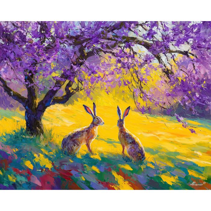sunlit, place, spring animals, hares, wildlife art, nature scene, bright colors, palette knife, oil painting, impasto, textured surface, animal painting, springtime, modern wildlife art, painterly style, seasonal art, expressive painting
