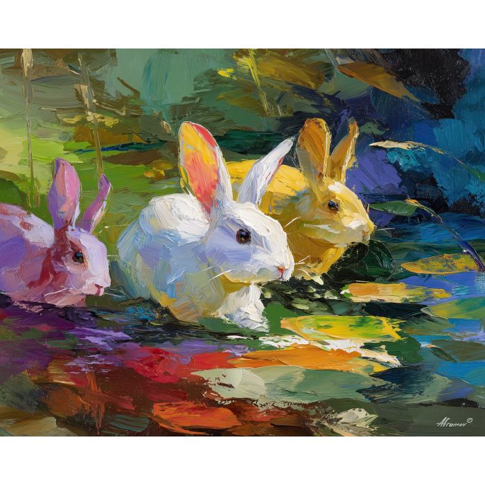 airy, space, spring animals, rabbits, wildlife art, nature scene, bright colors, palette knife, oil painting, impasto, textured surface, animal painting, springtime, modern wildlife art, painterly style, seasonal art, expressive painting