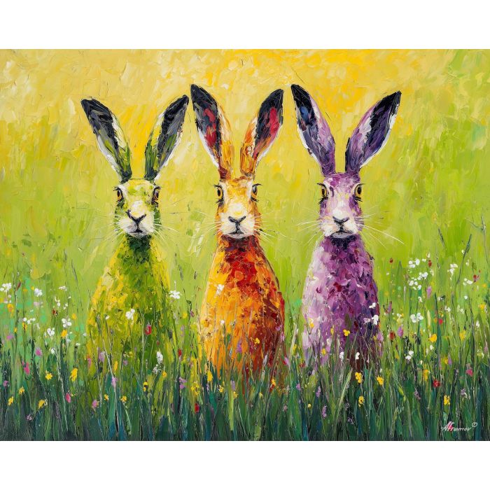 open, season, spring animals, hares, wildlife art, nature scene, bright colors, palette knife, oil painting, impasto, textured surface, animal painting, springtime, modern wildlife art, painterly style, seasonal art, expressive painting
