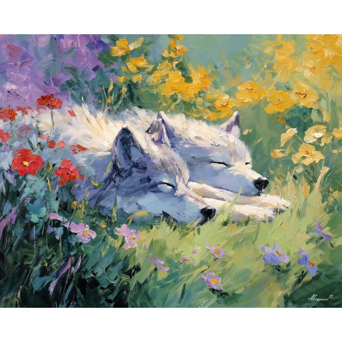 bright, breeze, spring animals, wolves, wildlife art, nature scene, bright colors, palette knife, oil painting, impasto, textured surface, animal painting, springtime, modern wildlife art, painterly style, seasonal art, expressive painting