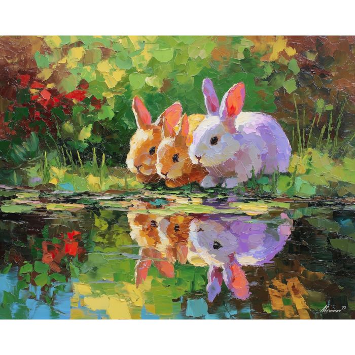 warm, path, spring animals, rabbits, wildlife art, nature scene, bright colors, palette knife, oil painting, impasto, textured surface, animal painting, springtime, modern wildlife art, painterly style, seasonal art, expressive painting