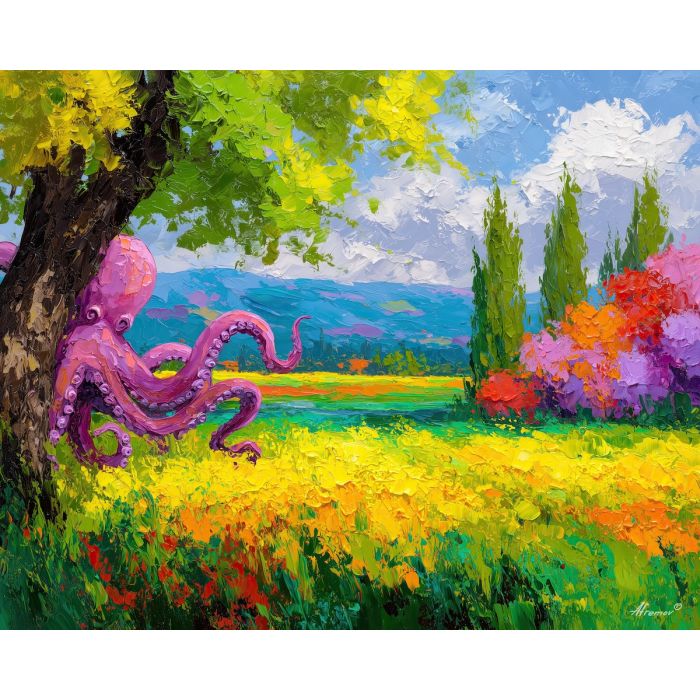 light, land, spring animals, octopi, wildlife art, nature scene, bright colors, palette knife, oil painting, impasto, textured surface, animal painting, springtime, modern wildlife art, painterly style, seasonal art, expressive painting