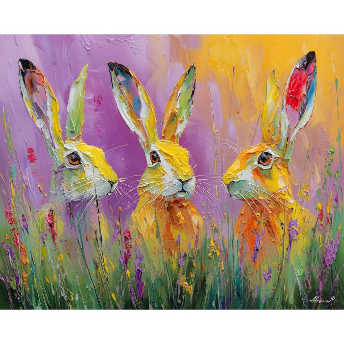fresh, life, spring animals, hares, wildlife art, nature scene, bright colors, palette knife, oil painting, impasto, textured surface, animal painting, springtime, modern wildlife art, painterly style, seasonal art, expressive painting