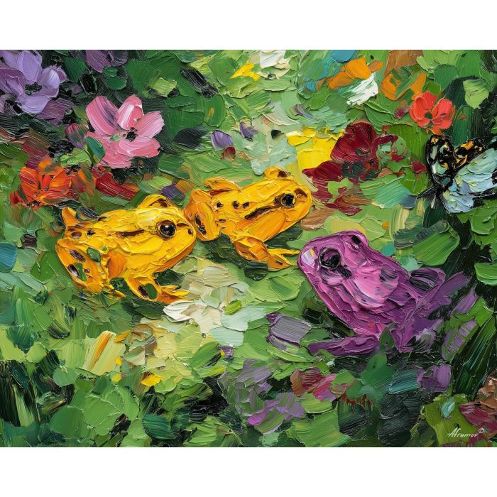 natural, path, spring animals, frogs, wildlife art, nature scene, bright colors, palette knife, oil painting, impasto, textured surface, animal painting, springtime, modern wildlife art, painterly style, seasonal art, expressive painting