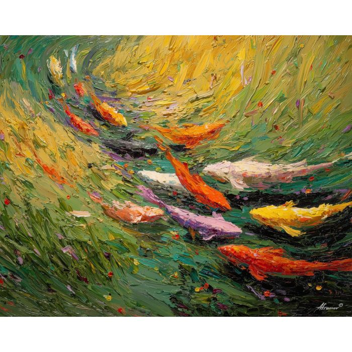 flowing, ground, spring animals, fish, wildlife art, nature scene, bright colors, palette knife, oil painting, impasto, textured surface, animal painting, springtime, modern wildlife art, painterly style, seasonal art, expressive painting