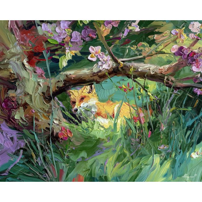 sunlit, motion, spring animals, foxes, wildlife art, nature scene, bright colors, palette knife, oil painting, impasto, textured surface, animal painting, springtime, modern wildlife art, painterly style, seasonal art, expressive painting