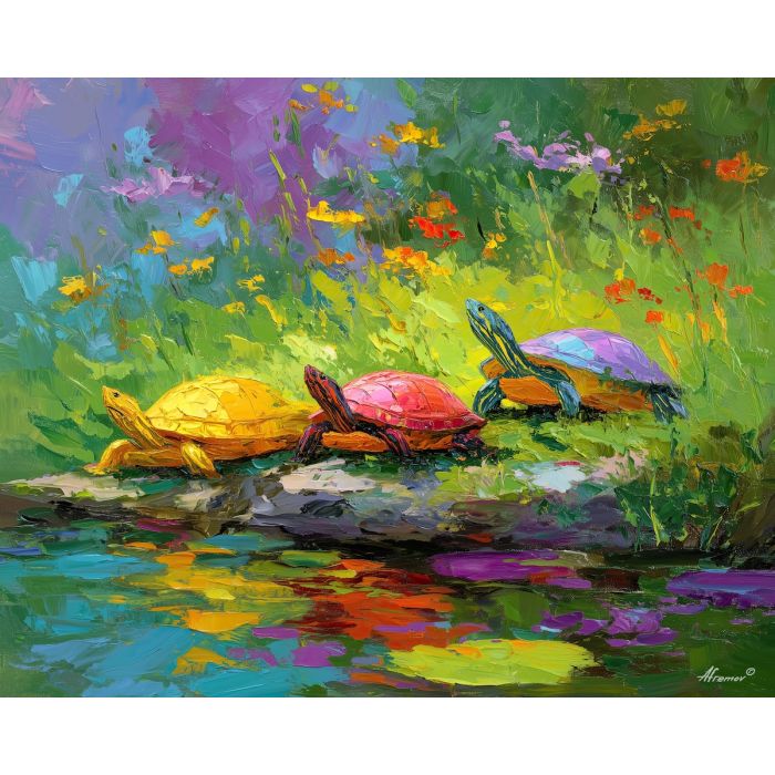 radiant, growth, spring animals, turtles, wildlife art, nature scene, bright colors, palette knife, oil painting, impasto, textured surface, animal painting, springtime, modern wildlife art, painterly style, seasonal art, expressive painting