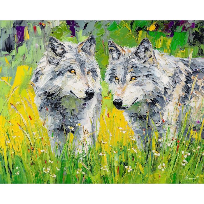 fresh, rhythm, spring animals, wolves, wildlife art, nature scene, bright colors, palette knife, oil painting, impasto, textured surface, animal painting, springtime, modern wildlife art, painterly style, seasonal art, expressive painting