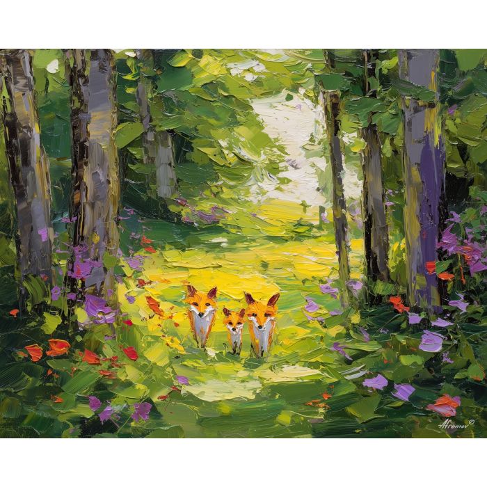 airy, balance, spring animals, foxes, wildlife art, nature scene, bright colors, palette knife, oil painting, impasto, textured surface, animal painting, springtime, modern wildlife art, painterly style, seasonal art, expressive painting