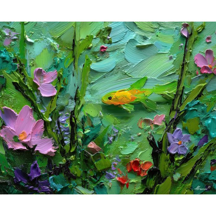 green, scene, spring animals, fish, wildlife art, nature scene, bright colors, palette knife, oil painting, impasto, textured surface, animal painting, springtime, modern wildlife art, painterly style, seasonal art, expressive painting
