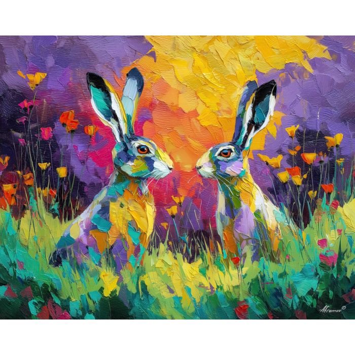 warm, land, spring animals, hares, wildlife art, nature scene, bright colors, palette knife, oil painting, impasto, textured surface, animal painting, springtime, modern wildlife art, painterly style, seasonal art, expressive painting