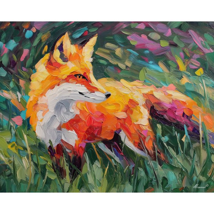 bright, rhythm, spring animals, foxes, wildlife art, nature scene, bright colors, palette knife, oil painting, impasto, textured surface, animal painting, springtime, modern wildlife art, painterly style, seasonal art, expressive painting