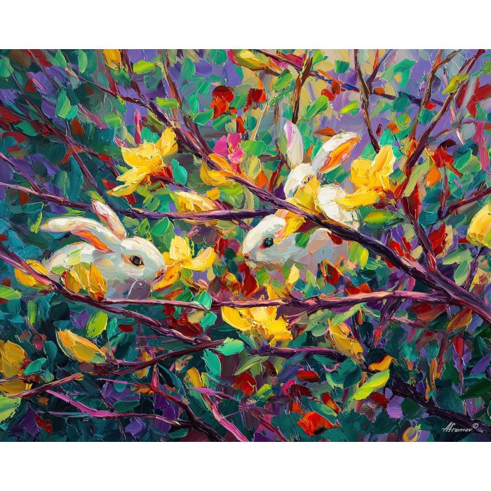radiant, horizon, spring animals, rabbits, wildlife art, nature scene, bright colors, palette knife, oil painting, impasto, textured surface, animal painting, springtime, modern wildlife art, painterly style, seasonal art, expressive painting