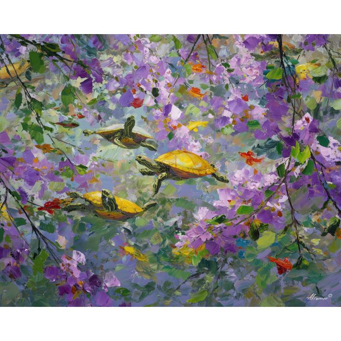 clear, scene, spring animals, turtles, wildlife art, nature scene, bright colors, palette knife, oil painting, impasto, textured surface, animal painting, springtime, modern wildlife art, painterly style, seasonal art, expressive painting