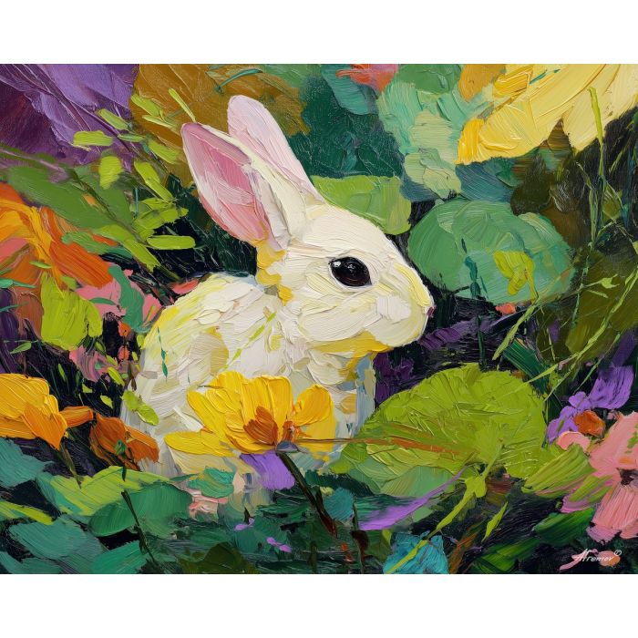 blooming, growth, spring animals, rabbits, wildlife art, nature scene, bright colors, palette knife, oil painting, impasto, textured surface, animal painting, springtime, modern wildlife art, painterly style, seasonal art, expressive painting