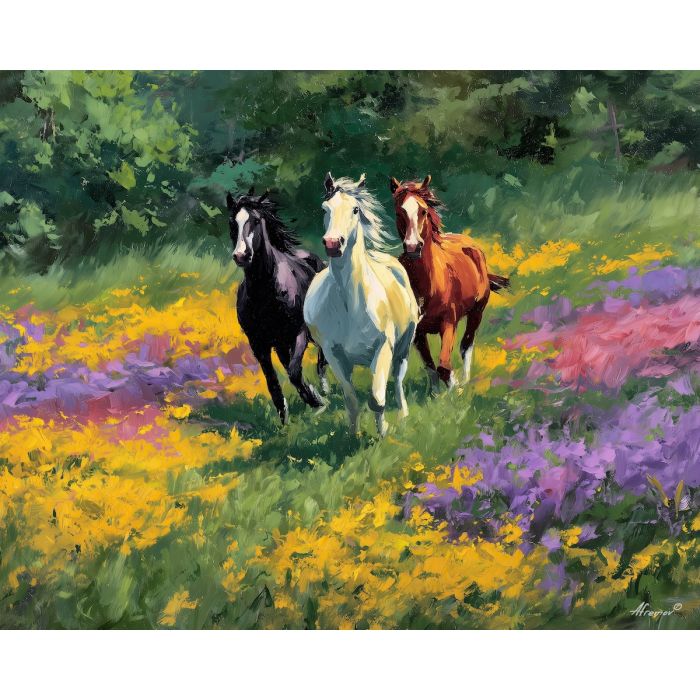 flowing, meadow, spring animals, horses, wildlife art, nature scene, bright colors, palette knife, oil painting, impasto, textured surface, animal painting, springtime, modern wildlife art, painterly style, seasonal art, expressive painting