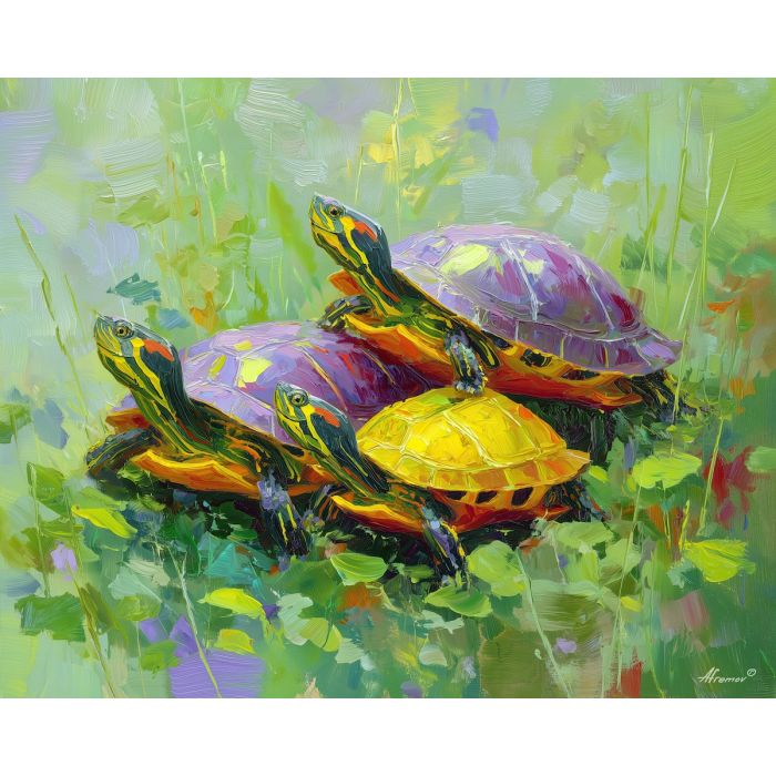 warm, balance, spring animals, turtles, wildlife art, nature scene, bright colors, palette knife, oil painting, impasto, textured surface, animal painting, springtime, modern wildlife art, painterly style, seasonal art, expressive painting