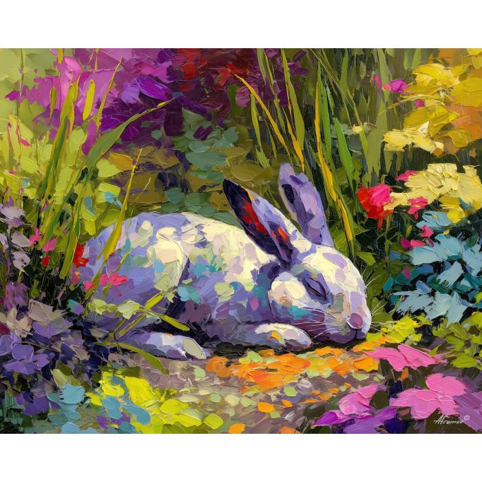 colorful, season, spring animals, hares, wildlife art, nature scene, bright colors, palette knife, oil painting, impasto, textured surface, animal painting, springtime, modern wildlife art, painterly style, seasonal art, expressive painting