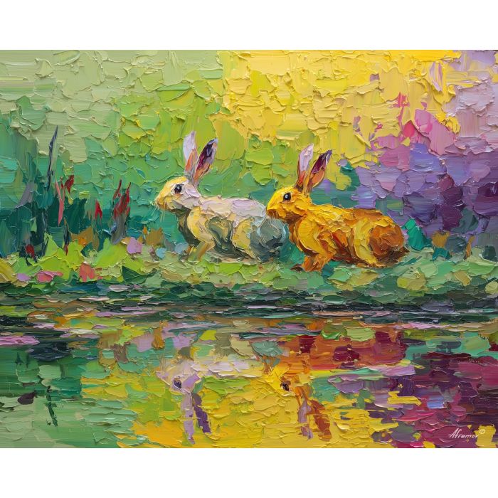 lively, moment, spring animals, hares, wildlife art, nature scene, bright colors, palette knife, oil painting, impasto, textured surface, animal painting, springtime, modern wildlife art, painterly style, seasonal art, expressive painting