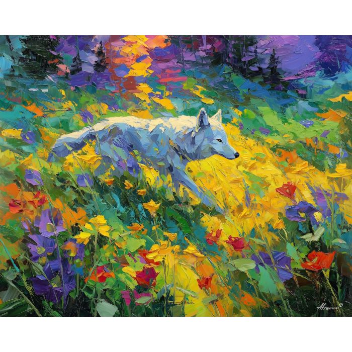 sunlit, clearing, spring animals, wolves, wildlife art, nature scene, bright colors, palette knife, oil painting, impasto, textured surface, animal painting, springtime, modern wildlife art, painterly style, seasonal art, expressive painting