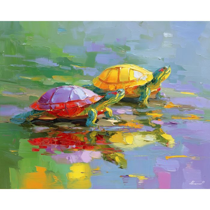 soft, place, spring animals, turtles, wildlife art, nature scene, bright colors, palette knife, oil painting, impasto, textured surface, animal painting, springtime, modern wildlife art, painterly style, seasonal art, expressive painting