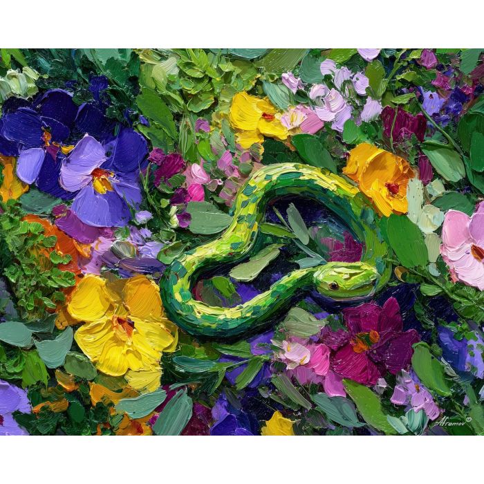 blooming, moment, spring animals, snakes, wildlife art, nature scene, bright colors, palette knife, oil painting, impasto, textured surface, animal painting, springtime, modern wildlife art, painterly style, seasonal art, expressive painting